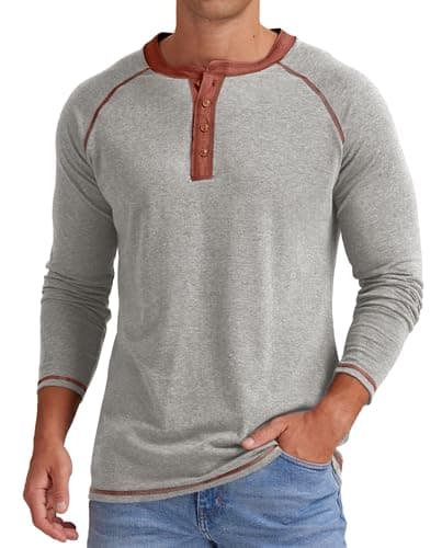 Image of Sailwind Mens Henley Long Sleeve T-Shirt Cotton Casual Shirt (Light Grey, M)