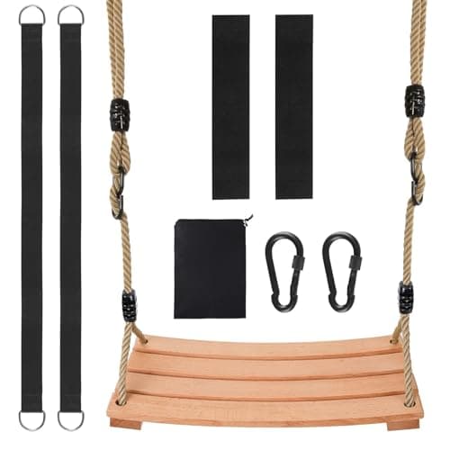 Image of Classic Wooden Tree Swing for Adults and Kids - Indoor/Outdoor Seat With Strong Rope for Garden, Patio, or Front Porch