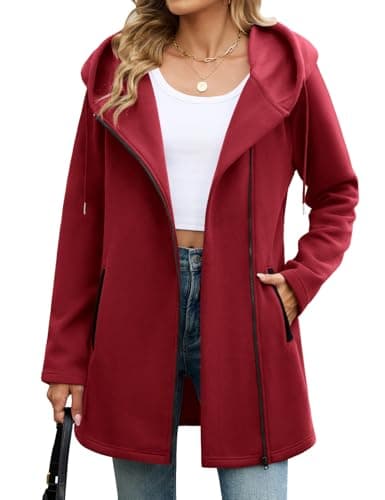Image of Vancavoo Zip up Hoodie Women Fleece Long Sleeve Sweatshirts Ladies Casual Fall Jacket Lightweight Coat Loose Hooded Outwear with Pockets,Wine red,L
