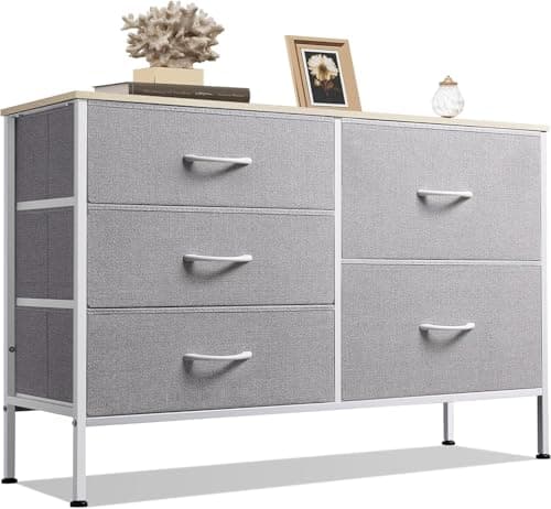 Image of WLIVE Chest of Drawers for Bedroom with 5 Fabric Drawers, Storage Cabinet Organizer, Wide Chest of Drawers for Closet, Living Room, Clothes, Kids, TV Stand, Steel Frame, Light Grey
