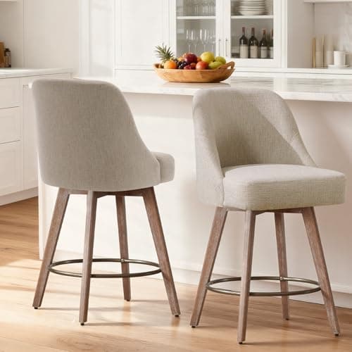 Image of WOOW DEPOT Swivel Bar Stools Set of 2, Linen Fabric Upholstered Barstools with Backs and Wood Legs, Modern Mid-century Chairs 65CM Seat Height Kitchen Counter Stools (Linen Sand)