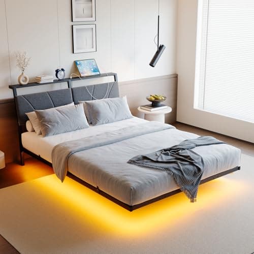 Image of HOJINLINERO 5ft King Size Bed Frame with Storage,Floating Kingsize Bed Frame with LED Lights,Ergonomic Headboard with USB Charging,King Bed Frames Noise-Free Metal Slats | Modern Bedroom Design