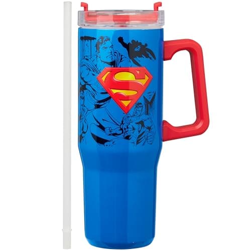 Image of Get Trend Superman Insulated Tumbler with Straw 940ml/32oz, Stainless Steel Travel Mug for Hot & Cold Drinks, Metal Water Bottle, Thermal Coffee Cup (Blue Superman)