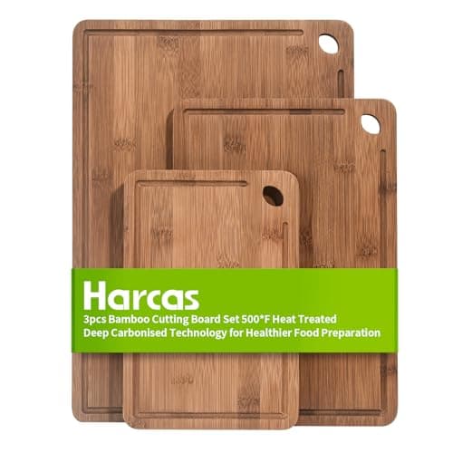 Image of 3 Piece Organic Bamboo Chopping Board Set by Harcas. 3 Sizes. Beautifully Crafted. Perfect for Serving Cheese or Antipasti, Cutting Meat, Vegetables or Fruit