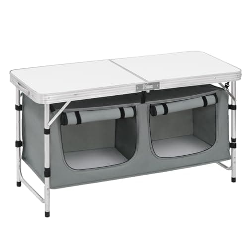 Image of WOLTU Folding Camping Cupboard Kitchen, Height Adjustable Aluminum Camping Table with Storage, Lightweight Picnic Table with Carry Handle for Outdoor Patio BBQ Party, White + Grey
