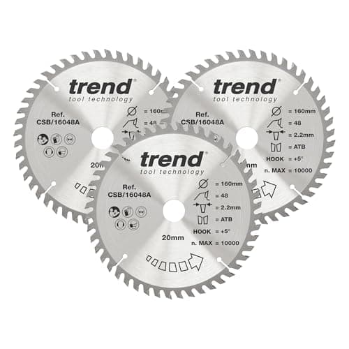 Image of Trend Wood Circular Saw Blades, 160mm Diameter, 20mm Bore, 48 Teeth, 2.2mm Kerf, +15° Hook, TCT, Fine Finish, 3 Pack, CSB/160/3PK