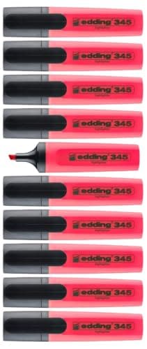 Image of edding 345 highlighter - red - 10 highlighters - chisel nib 2-5 mm - ideal for bright markings and highlighting text passages and notes