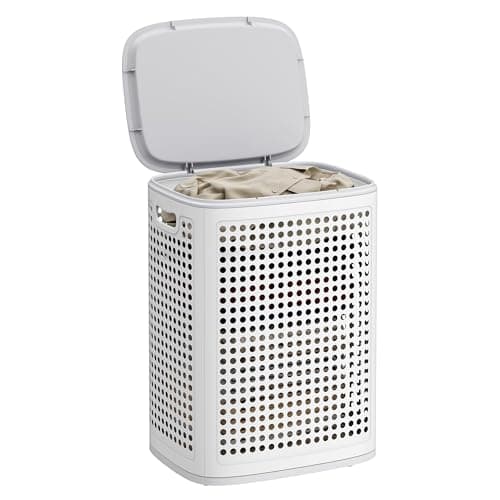 Image of SONGMICS Laundry Basket with Lid, Plastic Laundry Hamper, 19.8 Gallons (75 L), Slim Storage Basket, for Bathroom, Bedroom, White and Grey RLH021WG01