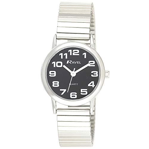 Image of Ravel Women's Easy Read Watch with Big Numbers on Stainless Steel Expander Bracelet - Silver Tone/Black Dial