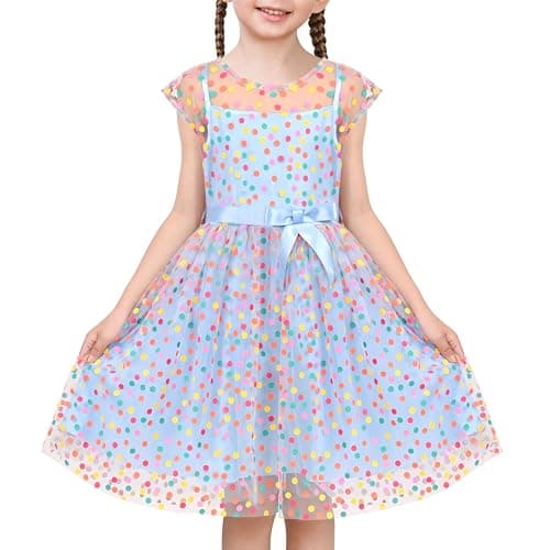 Image of Sunny Fashion Girls Dress Blue Rainbow Polka Dot Tulle Ball Party Wedding Sleeveless Age 6 Years