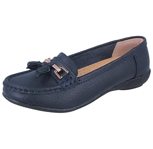 Image of Ladies Real Leather Tassel Slip On Moccasin Flat Nautical Boat Shoes Loafers Size 3-8 (3 UK, Navy)