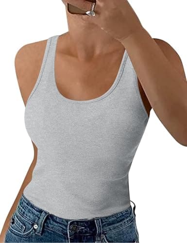 Image of Aottori Grey Vest Top Women Summer Tank Tops Sleeveless Round Neck Ribbed Basic Camisole Stretch Solid Casual Cami Shirts Grey M
