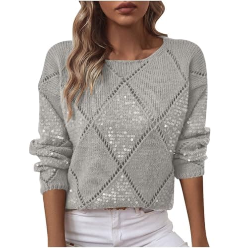 Image of Women's Sweatshirts Long Sleeve Glitter Womens Pullover Plus Size Tops Ladies Jumpers Sparkly Knitwear Loose Sequin Knit Sweater Winter Warm Casual Gray Hoodies Activewear