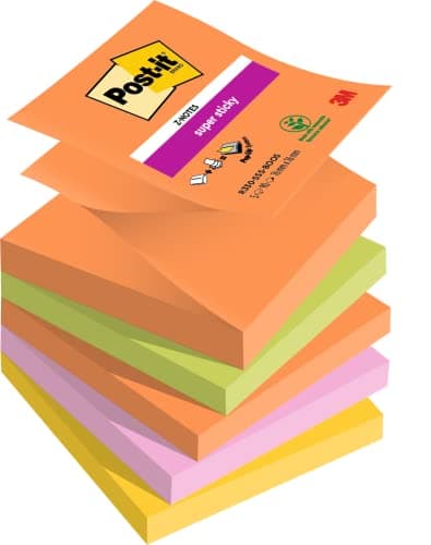 Image of Post-it Super Sticky Z-Notes, 450 Sheets, Pack of 5 Pads, 76 mm x 76 mm - Holds Strong to Many Surfaces - Orange, Green, Pink, Yellow - for Walls, Monitors and Fridge, Recycable