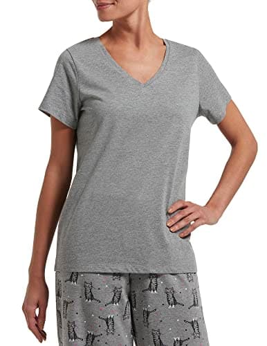 Image of HUE Women's Short Sleeve Sleeptee/Sleep Playera De Manga Corta Con Cuello En V. Gola Vло ار ار LLE ر LLE V-Short Sleeve V-Neck Pyjama Top, Medium Mottled Grey, Large