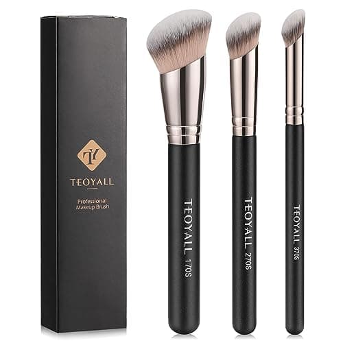 Image of TEOYALL Foundation Contour Conceal Brush Set, 3PCS Angled Synthetic Kabuki Brush for Blending Setting Buffing with Liquid, Cream and Powder Cosmetic