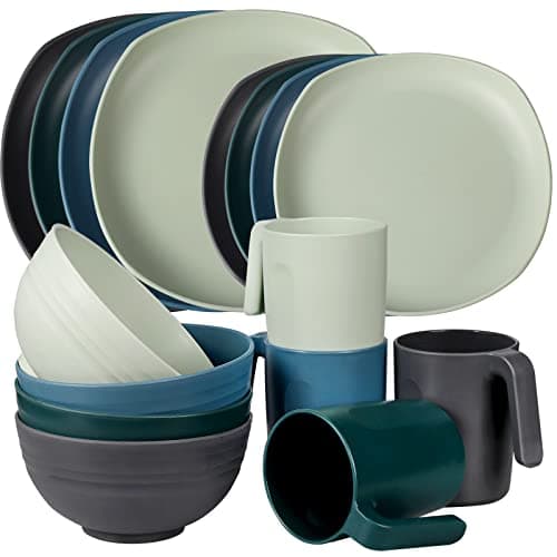 Image of Greentainer Unbreakable Lightweight Dinnerware Sets, Plastic Dinner Set, 4 Dining Plates, 4 Bowls, 4 Cups, Microwave and Dishwasher Safe, Camping Tableware for Adults, Service for 4