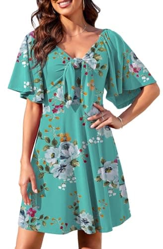 Image of Actcat Women's Summer Dresses 2024 Deep V-Neck Elegant Mini Dress with Bow Tie Mint Green Floral Dresses M