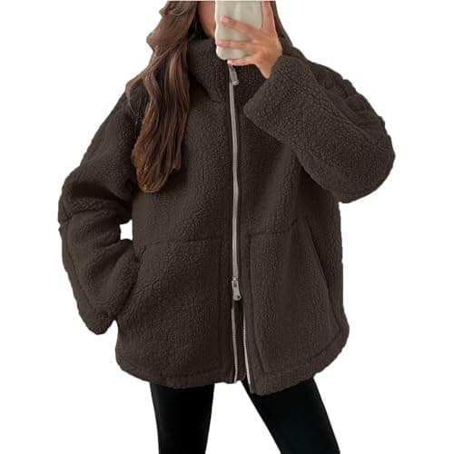 Image of Winter Jackets for Women UK Full Zip Fleece Coats Ladies Fall Drawstring Solid Color Teddy Hooded Cardigan Warm Casual Loose Long Sleeve Fuzzy Sherpa Outwear with Pockets Brown M