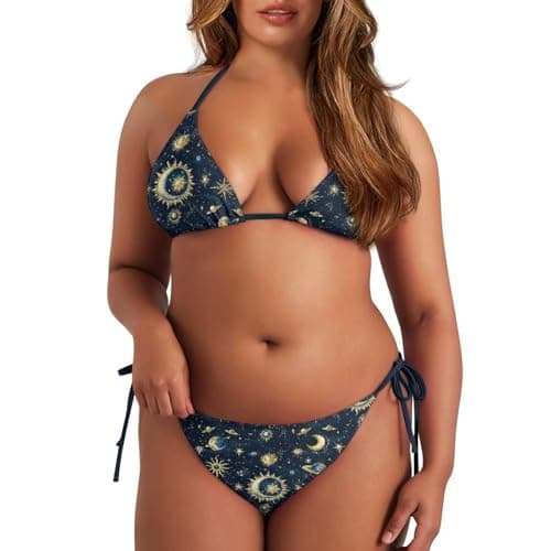 Image of JEOCODY Women's Two Piece Bikini Swimsuit Sexy Bathing Suits Halter Triangle Swimwears Cheeky Bikini Sets, Blue Gothic Sun Moon Printed, Large