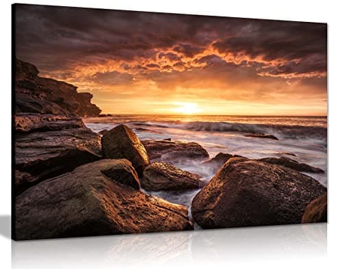 Image of Panther Print Fine Art Prints Golden Sunrise Rocks Beach Waves Seascape Artistic Framed Canvas Print, Pictures for Home Walls, Bedroom, Living Room & Bathroom Decor 76x51cm (30x20in)