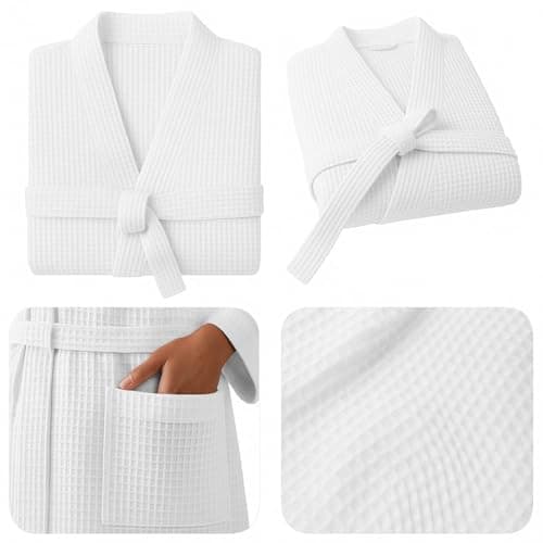 Image of Defresit Update Fabric Waffle Dressing Gown Women,Bath Fashions Unisex Bathrobe Lightweight Textured Waffle Robe - Soft Hotel Dressing Gown, Kimono (UK, Alpha, M, 8, Regular, Regular, White)