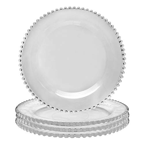 Image of Set of Four Bella Perle Glass Dinner Plates with Beaded Edge Alfresco Dining Tableware - 26.5cm