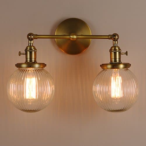 Image of PathsOn Industrial Modern Vintage Double Sconce Wall Lights, Loft Bar Kitchen Wall Lamp Fixture with Ribbed Globe Clear Glass Light Shade (Antique)