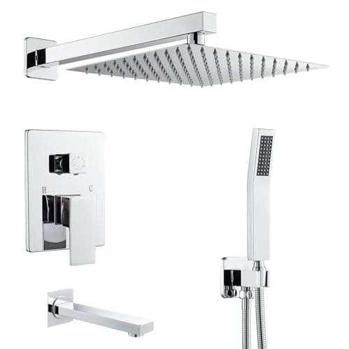 Image of KINKIBOS Concealed Shower System Wall Mounted, 3-Function Shower System with 12 Inch High Pressure Rainfall Shower Head, Handheld Shower and Bathtub Spout, Brass Shower Mixer Set, Chrome