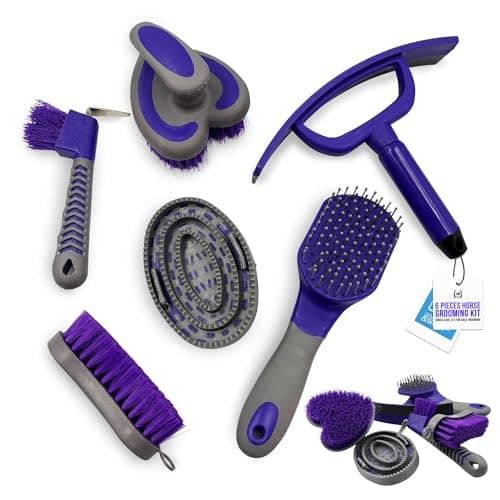 Image of 6pc Horse Grooming Kit Set - Complete Pony Grooming Kit Horse Set with Hoof Pick, Mane & Tail Cleaner, Body Soft Brush, Sweat Scraper, Dandy Brush, Curry Comb - Essential Equestrian Gifts