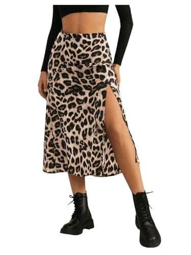 Image of GORGLITTER Women's Leopard Print Flared High Slit Skirts High Waisted A Line Midi Elegant Skirt Khaki Medium