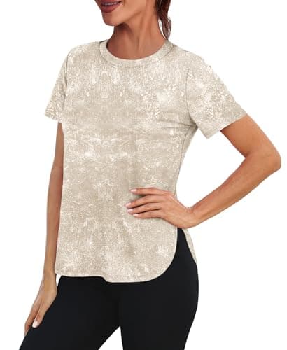 Image of Aokosor Gym Tops for Women UK Short Sleeve Casual Lightweight Summer T Shirts Training Athletic Clothes Soft Stretchy Sports Wear Khaki Tie Dye Size 14-16