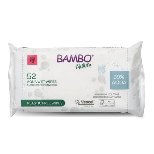 Image of Bambo Nature Aqua Wet Wipes, 1 Pack (52 Wipes), 99% Water, Sensitive Skin Safe, Extra Soft Baby Wipes with 100% Veocel Viscose, Irritation Free for Delicate Skin, Fragrance Free, Ideal for Daily Use