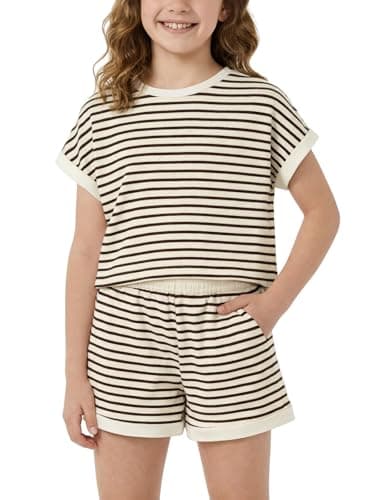 Image of Hovershoes Girls Summer Outfit 2 Piece Set Striped Short Sleeve T-Shirt & Shorts with Pockets Kids Teens Sports Tracksuit Activewear Casual Holiday Clothing 5 6 7 8 9 10 11 12 13 14 Years