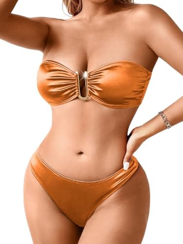 Image of ShawGobow Sexy Bandeau Bikini, Glossy Satin, U Wire, Shimmer Swimsuit, Orange, 8-10