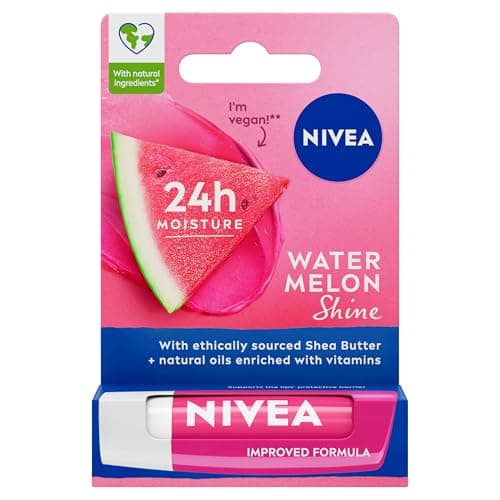 Image of NIVEA Watermelon Shine Lip Balm (4.8g), Flavoured Lip Balm with Shea Butter, Natural Oils and Vitamins, Provides 24h Moisture and a Pink Shine, Vegan Lip Care Formula