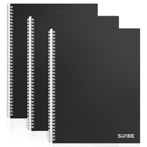 Image of SUNEE A4 Notebook, Pack of 3 Notepads, Wirebound Notebooks, 80gsm Premium Paper, 100 Sheets / 200 Pages, 8mm Lined with Margin, 4-Hole Punched and Perforated Edge, Black