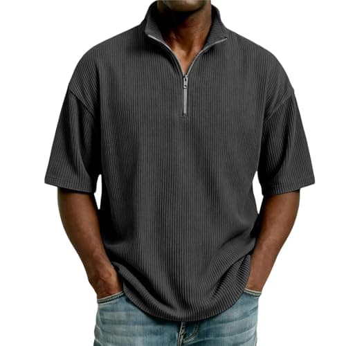 Image of Stylish Short Sleeve Polo Shirts Men Big Tall Textured Loose Fit Summer Tops 1/4 Zip Lapel Collar Casual Golf Tshirt Cotton Moisture Wicking Outdoor Fishing Hiking Top Gym Workout Active Pullover Tees