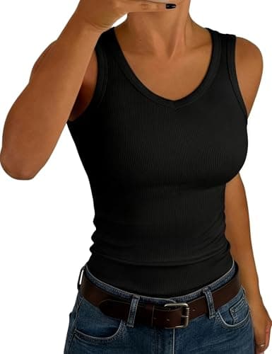 Image of Aottori Womens Tank Tops V Neck Sleeveless Top Summer Ribbed Vest Top Ladies Slim Fitted Stretch Basic Casual Cami Tee Shirts Black L