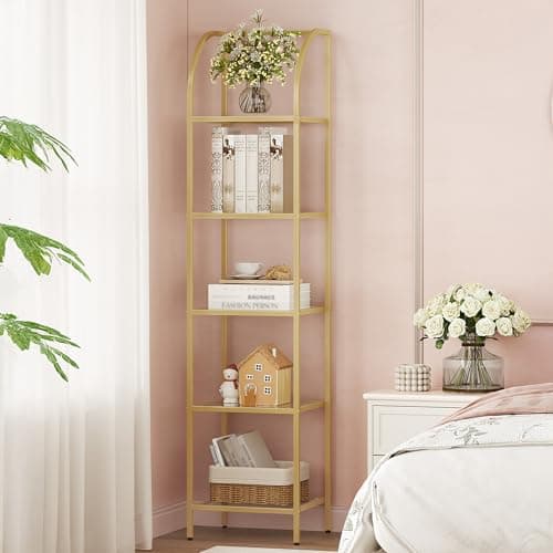 Image of Hzuaneri 5 Tier Bookcase Bookshelf, Tempered Glass Bookshelves, Slim Shelving Unit for Bedroom, Bathroom, Home Office, Steel Frame, Gold, BC20599G
