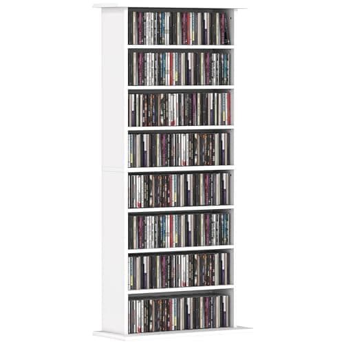 Image of HOMCOM 360 CD/185 DVD Storage Unit, 185 Blu-ray Media Storage Shelf with 8 Compartments and 6 Adjustable Shelves, CD Tower for Living Room, Bedroom, Office, White