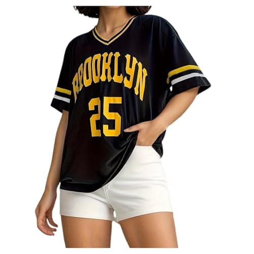 Image of Women's Oversize T-Shirt in American Jersey Style - Casual Sports Top with 'Brooklyn 25' Print | V-Neck Shirt for an Urban Streetwear Look, style_w01 black, L