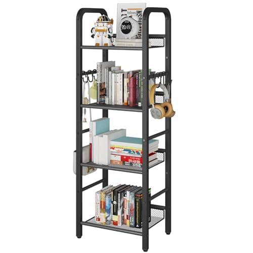 Image of YMYNY Bookshelf, Bookcase, 4-Tier Storage Shelf, Metal Shelving Unit, 8Pcs S Hooks, Modern Style, 36 x 27 x 116 cm, Corner Shelf, Display Units for Living Room, Bedroom, Office, Black HBC054B