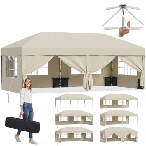 Image of JUMMICO 3x6m Pop Up Gazebo with Sides, Heavy Duty Waterproof Gazebo Marquee, UV50+ Garden Gazebo, 4 Removable Walls & Adjustable Height Folding Tent for Garden Party Camping - Beige