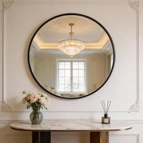 Image of October Elf 60cm Round Wall Mounted Mirror – Premium Aluminium Frame Circle Mirror – Waterproof, Dustproof – Modern Decorative Ink Black Wall Mirror for Bathroom, Hallway, Bedroom & Living Room