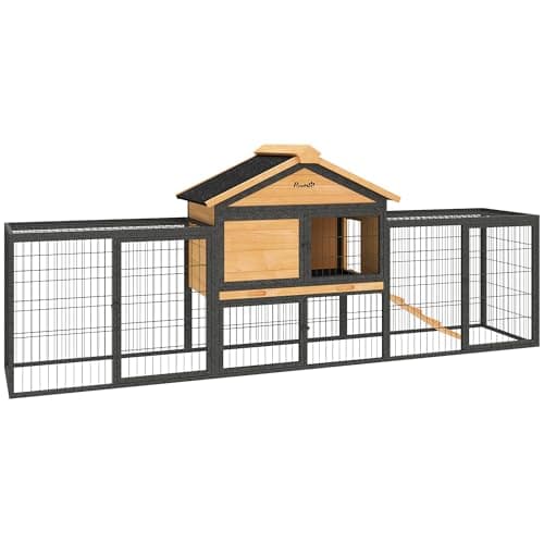 Image of PawHut Rabbit Hutch Outdoor, Wooden Guinea Pig Hutch with Steel Run, Removable Leak Proof Tray, Water-Resistant Roof, Ramp, Small Animal House for 2-3 Bunnies, Guinea Pigs, 217 x 53 x 86 cm