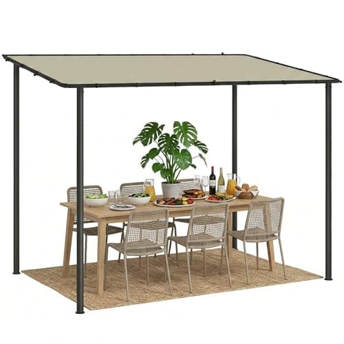 Image of Outsunny 3 x 2 m Lean to Garden Pergola, Metal Frame Wall Mounted Gazebo Pergola with UPF30+ Sun Protection, Sloped Roof, Drainage Holes, Outdoor Sun Shade, Cream