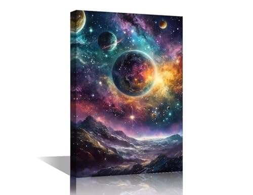 Image of TISHIRON 1 Panel Galaxy Canvas Wall Art Painting Planet Wall Decor for Living Room Fantasy Universe Framed Modern Artwork for Home Bedroom Decorations, 18x12in