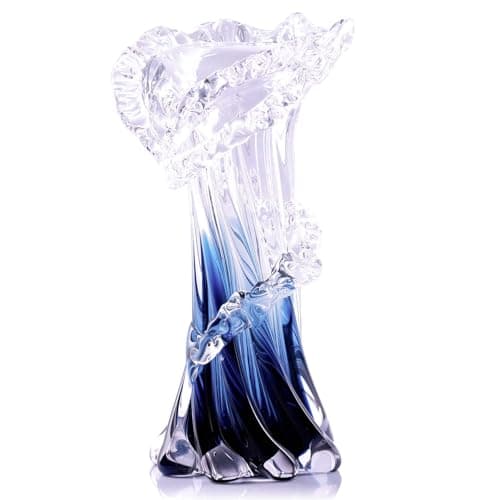 Image of 9.8" H Blue Blown Glass Vase, Modern Art Hand Blown Coastal Vase,Beautiful Unique Ocean Wave Centerpieces for Living Room, Bedroom, Office Desktop,Coffee Table and Wedding Decorative (M)