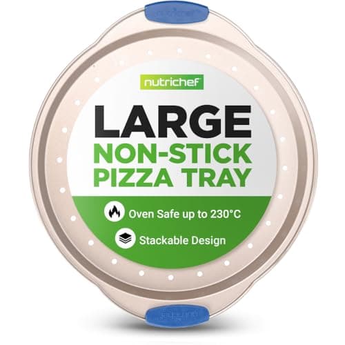 Image of Nutrichef Non-Stick Pizza Tray for Oven, 33cm Round Carbon Steel Baking Trays with Perforated Holes, Silicone Handles, Dishwasher Safe, Pizza Stone Alternative, Gold